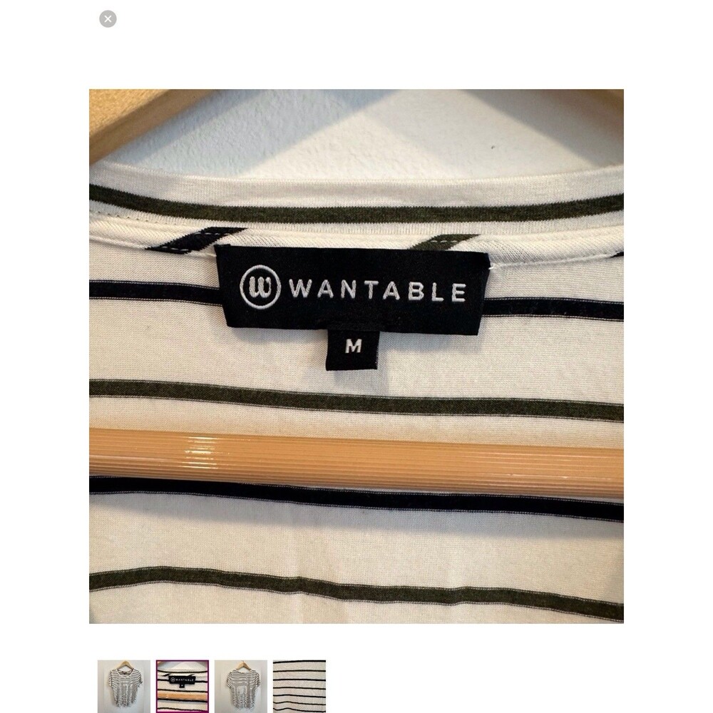 WANTABLE Striped High Low Tee Olive Green Navy Blue Crew Neck Top Size Medium - Picture 5 of 7